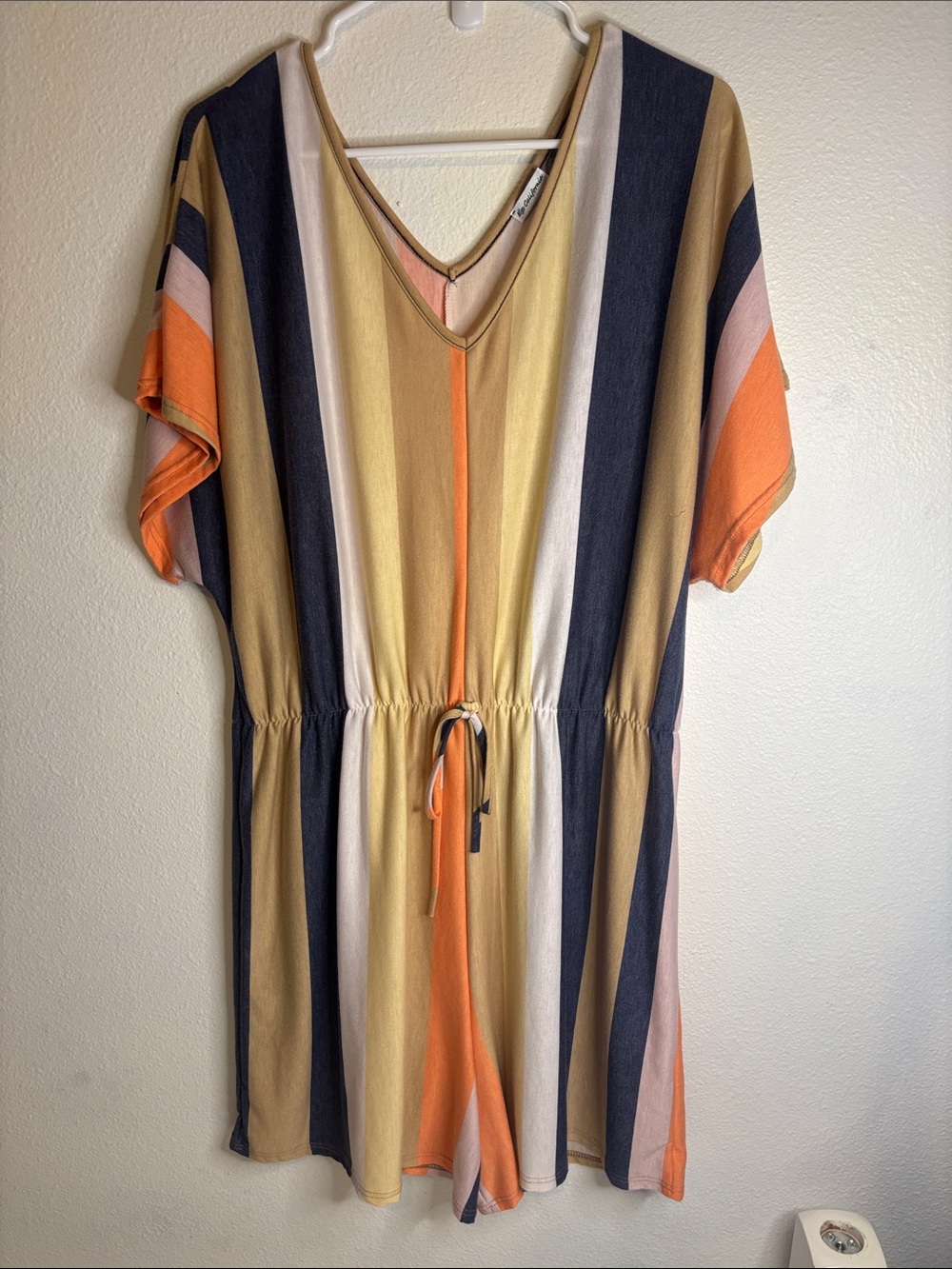 Striped V-Neck Drawstring Mini Dress in Navy, Orange, Yellow and Cream -326sku